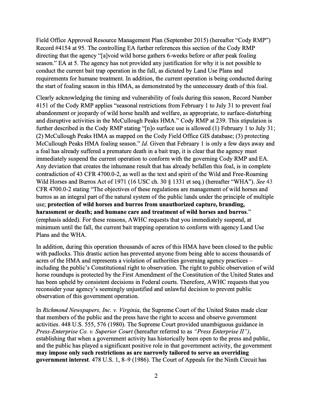 Page 2 of AWHC Legal Letter to BLM